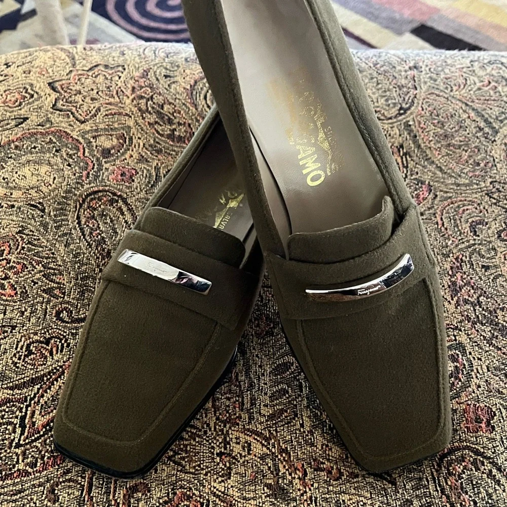 Salvatore Ferragamo Olive Suede Loafers with Silver Accent - Picture 1 of 5